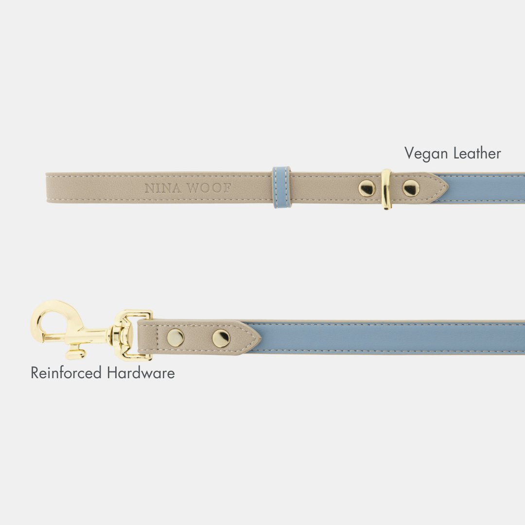 Light blue and beige vegan leather dog leash with reinforced metal swivel clasp