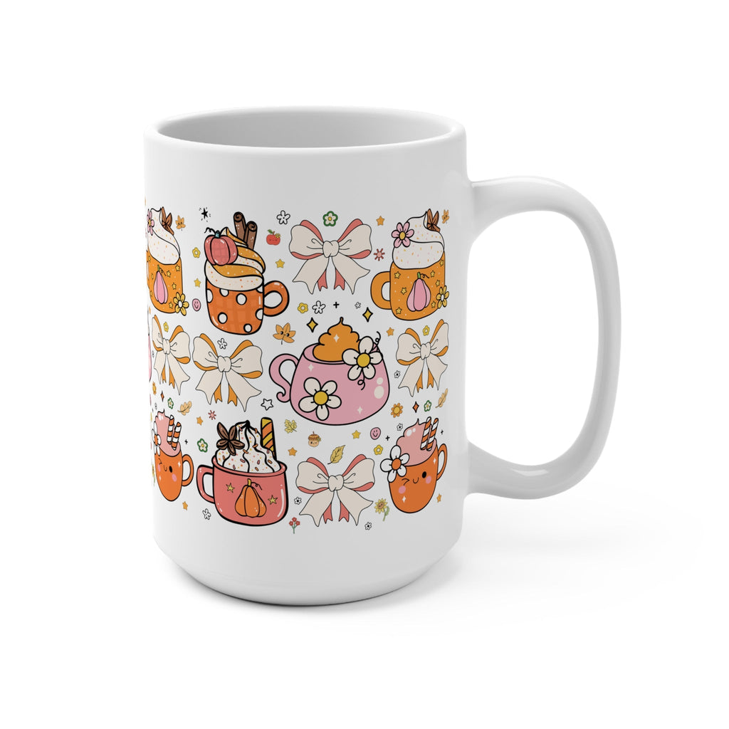 White ceramic coffee mug front view with fall teapot and pumpkin design