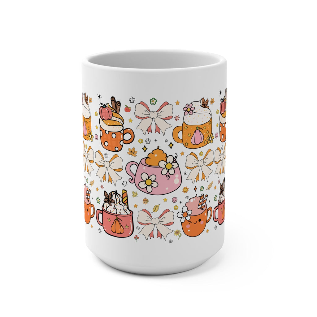 White coffee mug with fall teapot, pumpkin, and bow floral pattern