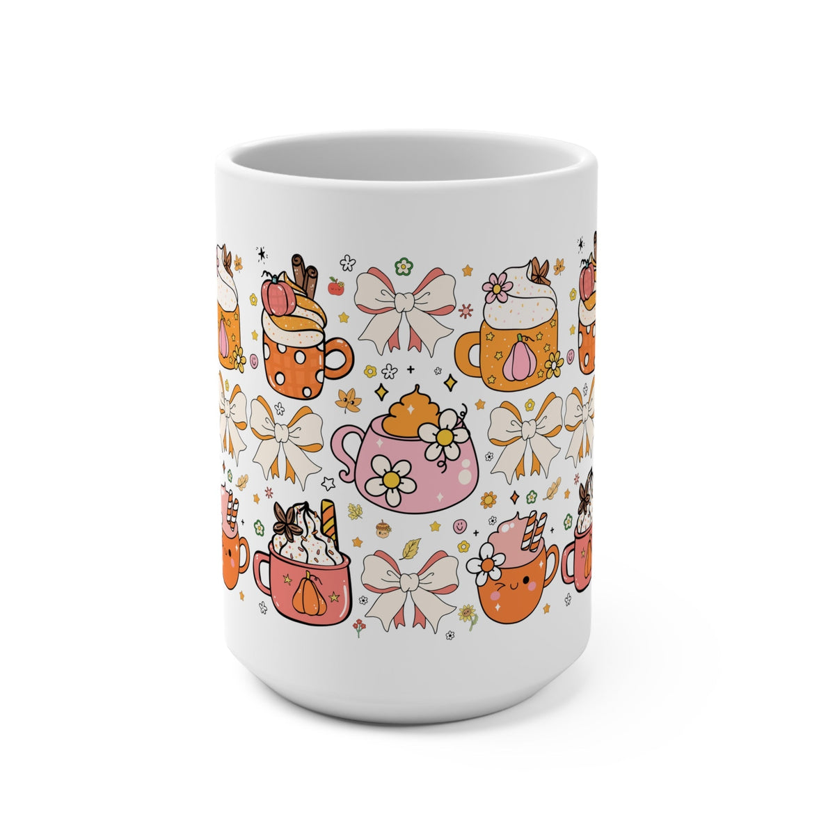 White coffee mug with fall teapot, pumpkin, and bow floral pattern