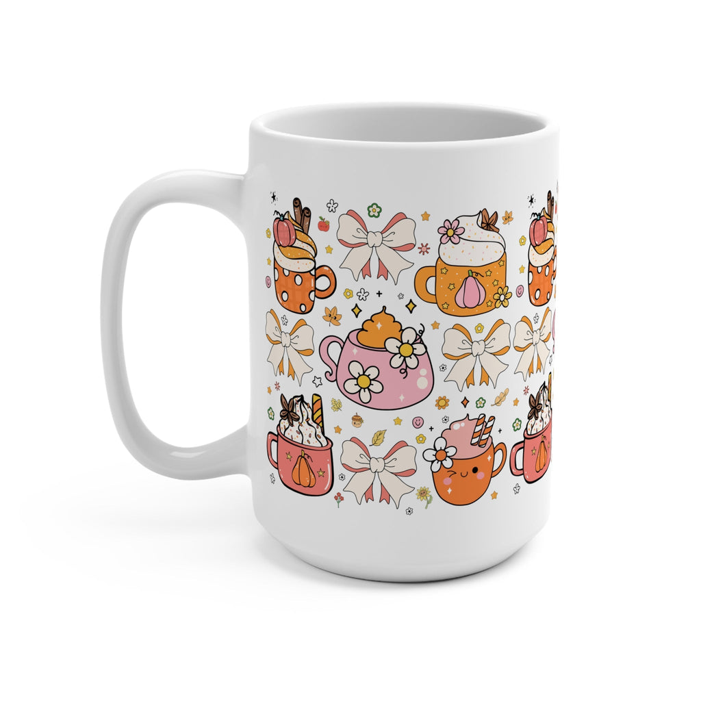 White coffee mug with fall pumpkin and teapot pattern, C-shaped handle