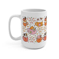 White coffee mug with fall pumpkin and teapot pattern, C-shaped handle