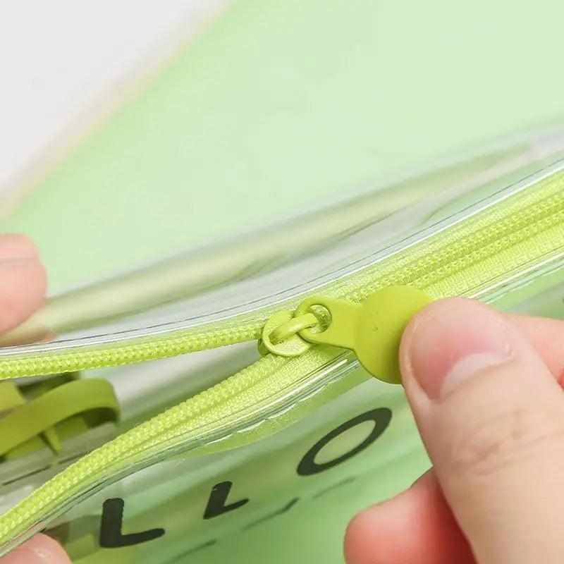 Transparent pencil pouch zipper in lime green with avocado print inside.
