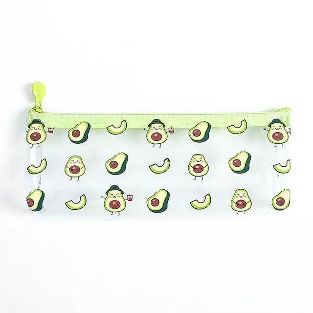 Transparent avocado-themed pencil pouch with cute fruit pattern and lime zipper top.
