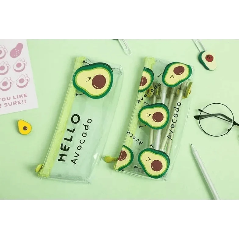Transparent avocado pencil pouch with lime zipper, laid flat with pens and markers.