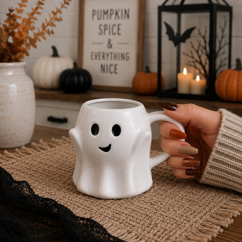 White ghost-shaped mug with smiley face, held by hand