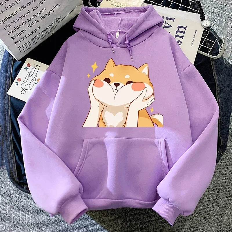 Purple Shiba Inu graphic hoodie with front pocket and drawstring hood