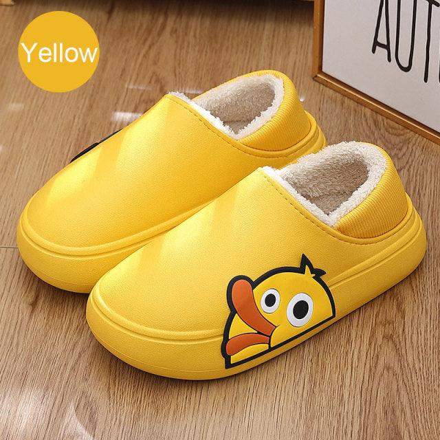 Yellow women's slip-on slippers with plush lining and cartoon side fox applique