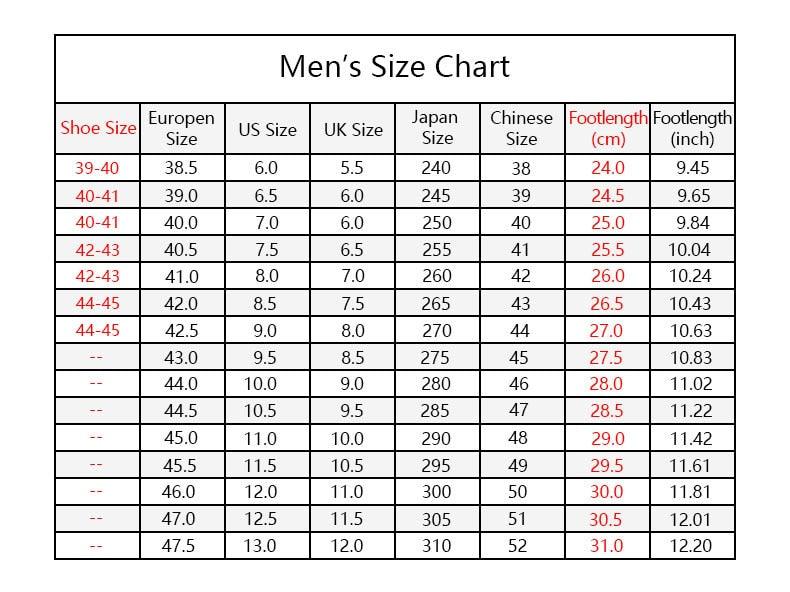 Men's shoe size chart with European and US UK Japan Chinese size columns