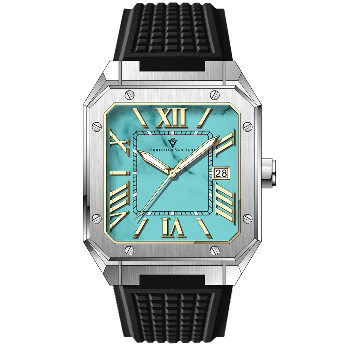 Christian Van Sant men's watch with turquoise mosaic dial, gold Roman numerals, silver case, and black strap