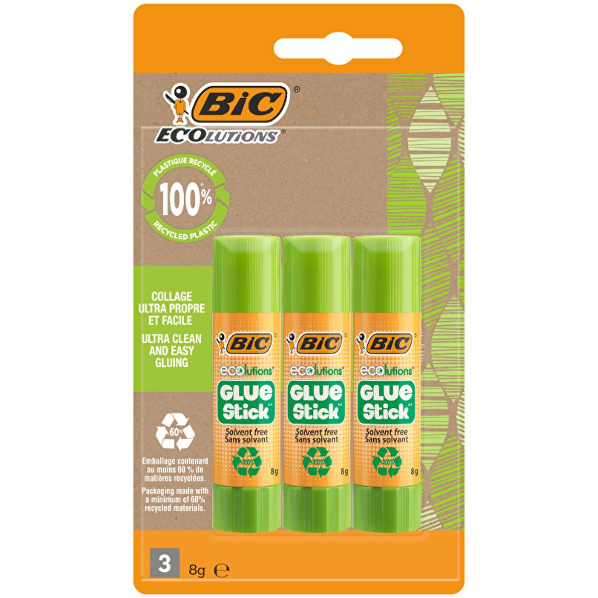 Eco-friendly glue stick 3-pack with green plastic sticks, 8 g each.