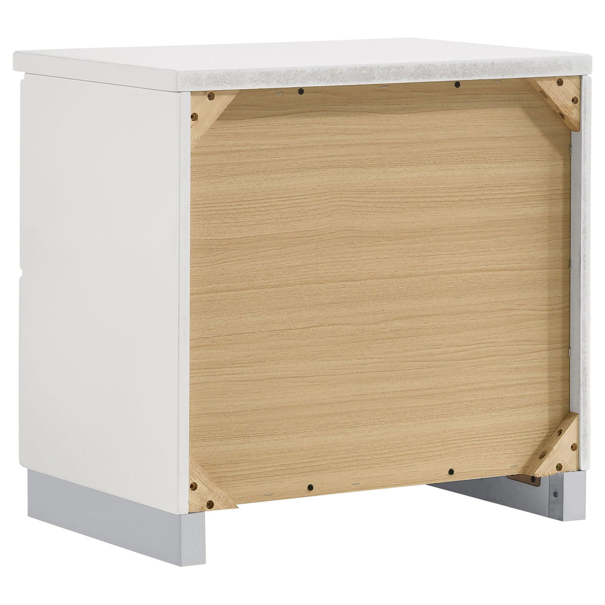 White high-gloss bed base with light wood interior panel