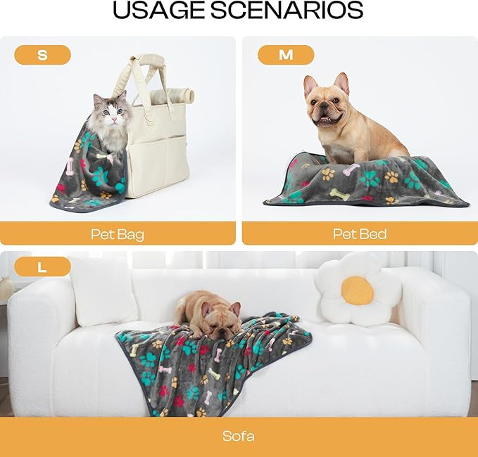 Pet fleece blanket with colorful paw-print pattern, shown as pet bed blanket