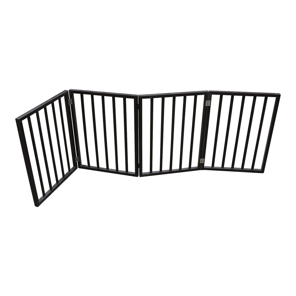 Wide multi-panel folding pet gate with black vertical bars on white background.