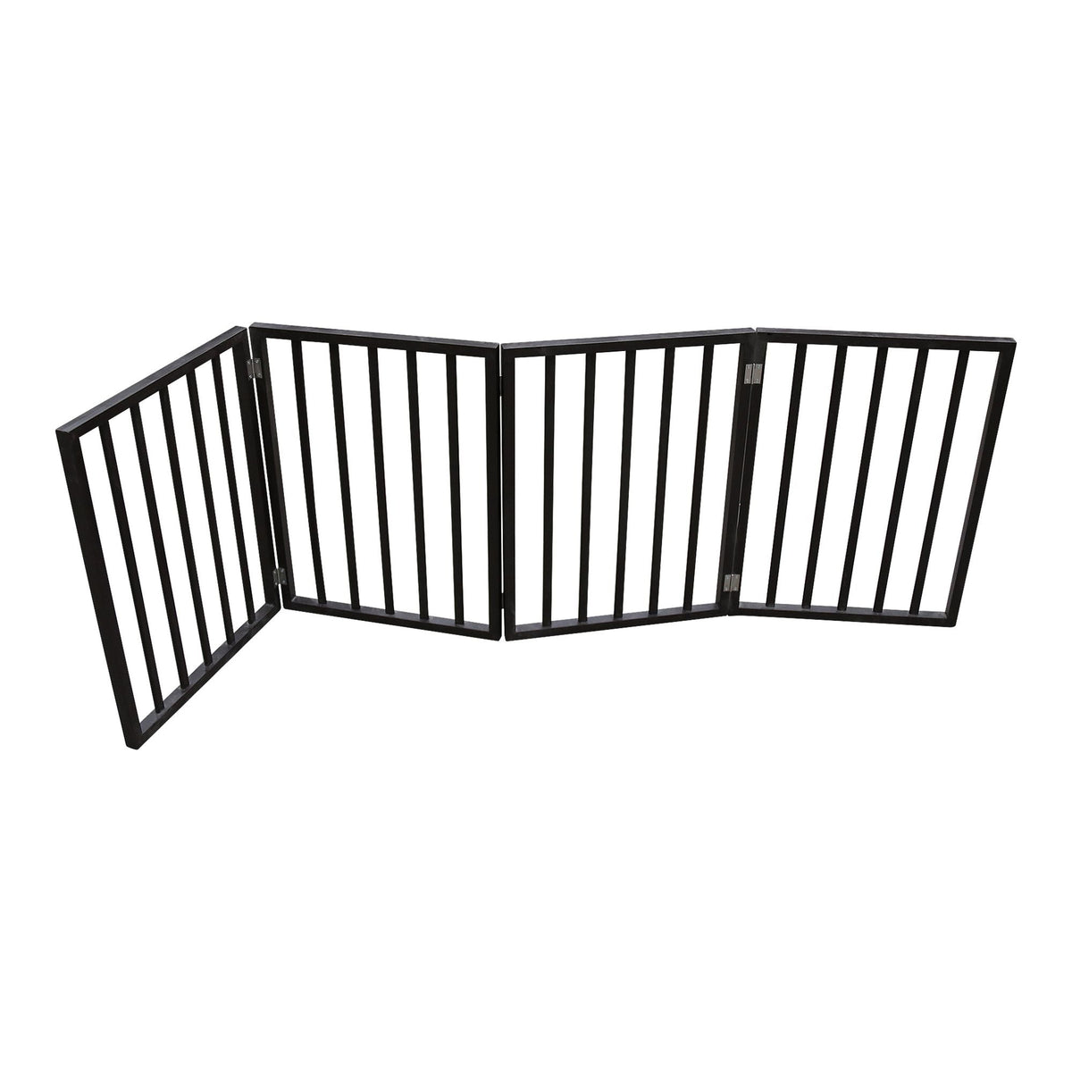 Wide multi-panel folding pet gate with black vertical bars on white background.