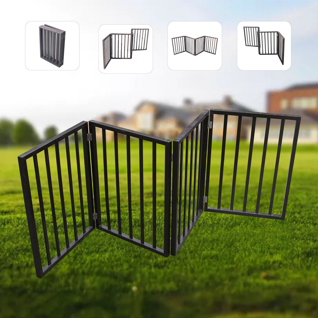 Folding pet gate panels connected in a zigzag layout, black vertical bars.