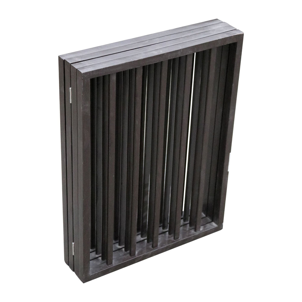 Rectangular folding pet gate with dark frame and evenly spaced vertical bars.