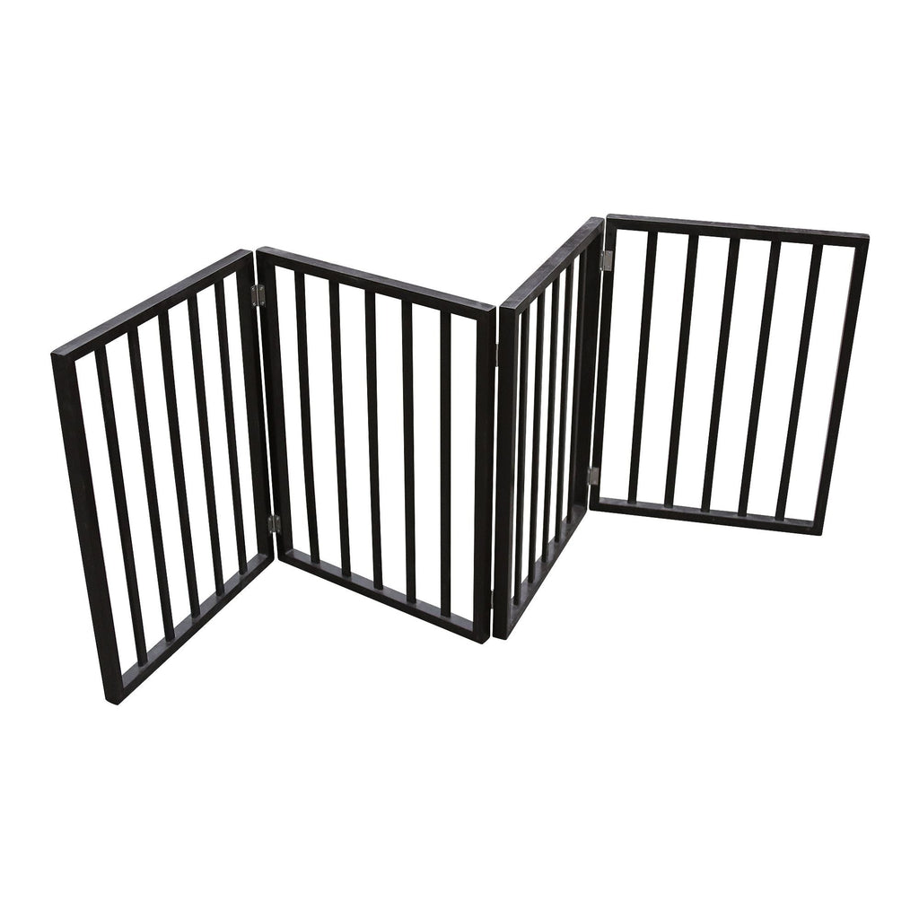 Folding wooden pet gate with vertical bars, brown, open three-panel layout