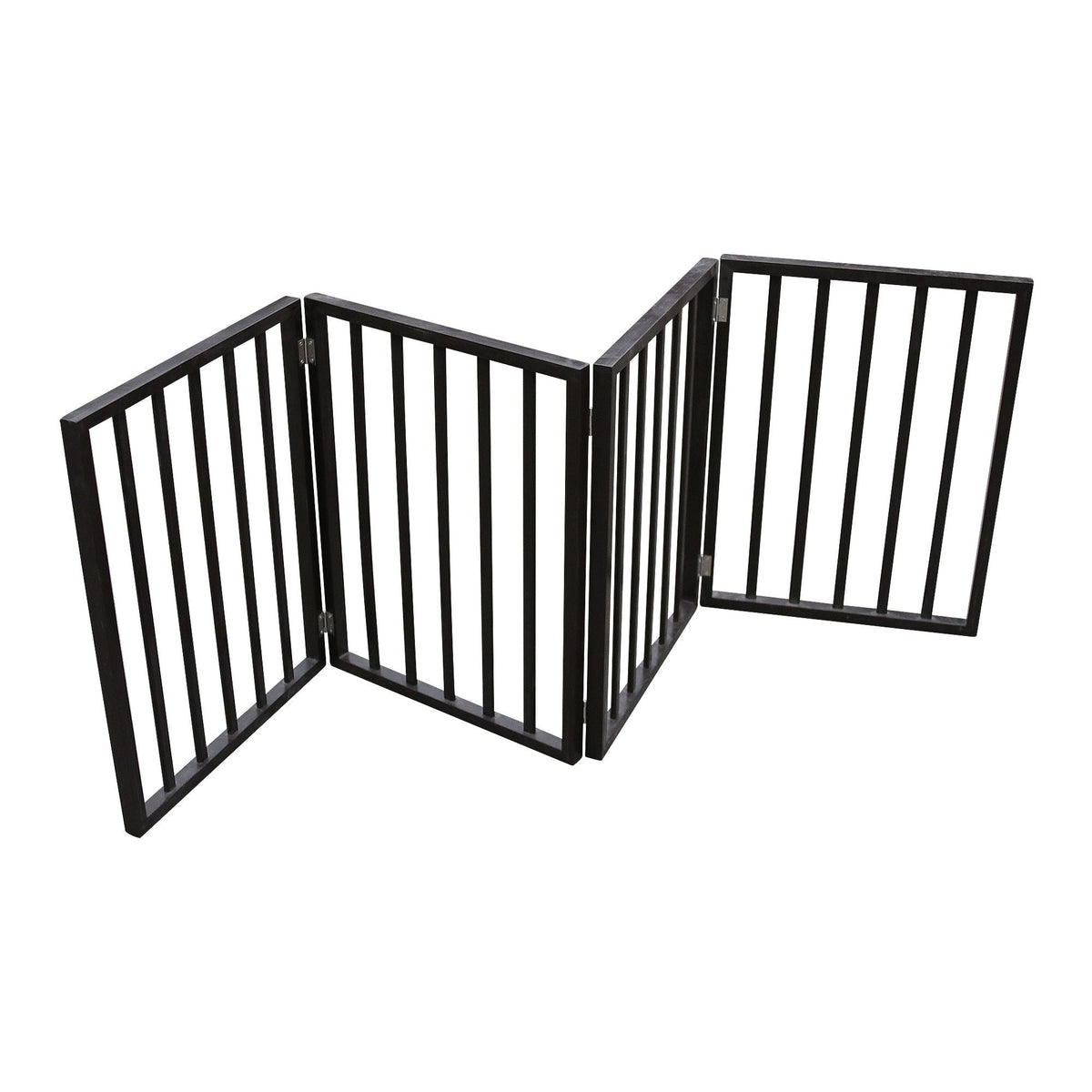 Folding wooden pet gate with vertical bars, brown, open three-panel layout