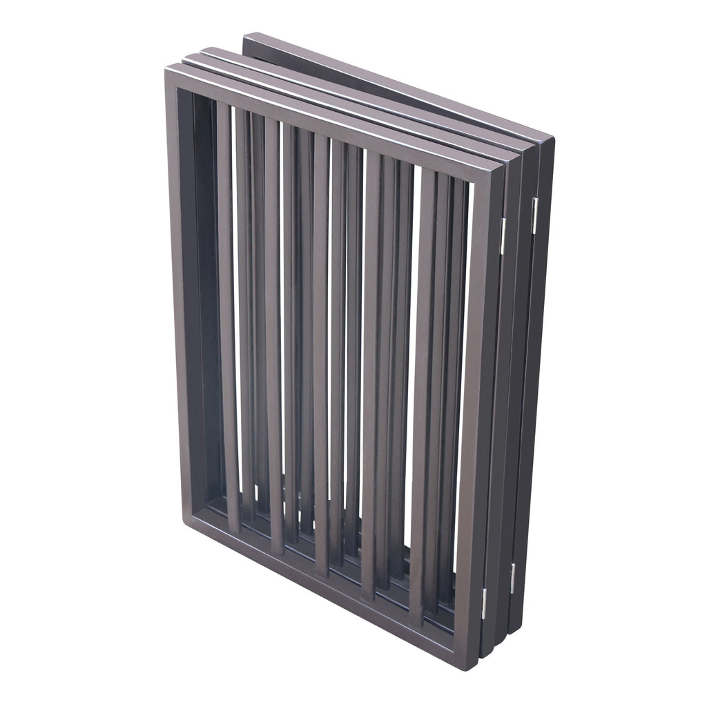 3D view of folding pet gate with dark frame and vertical bars on white background.
