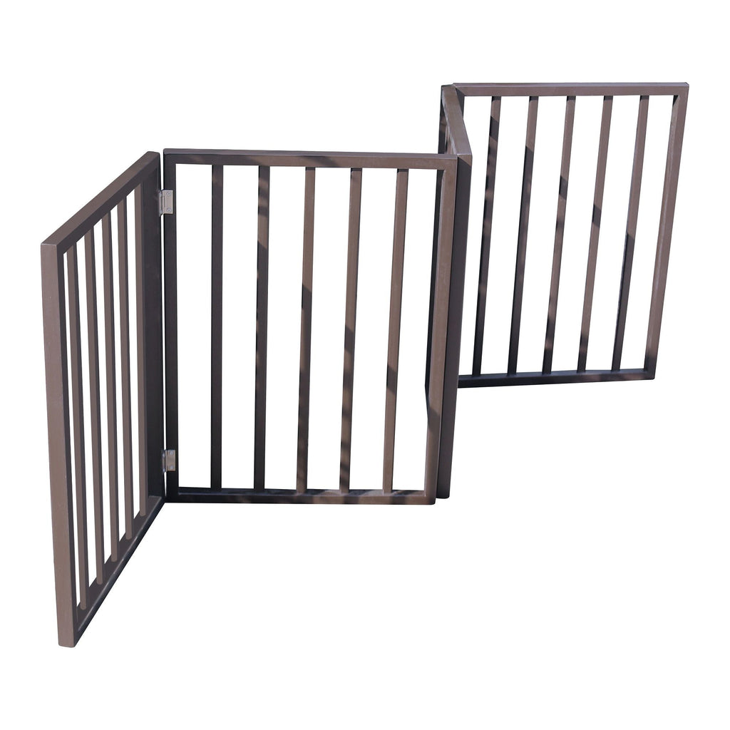 Freestanding folding wooden pet gate, brown, with vertical bars and hinged panel
