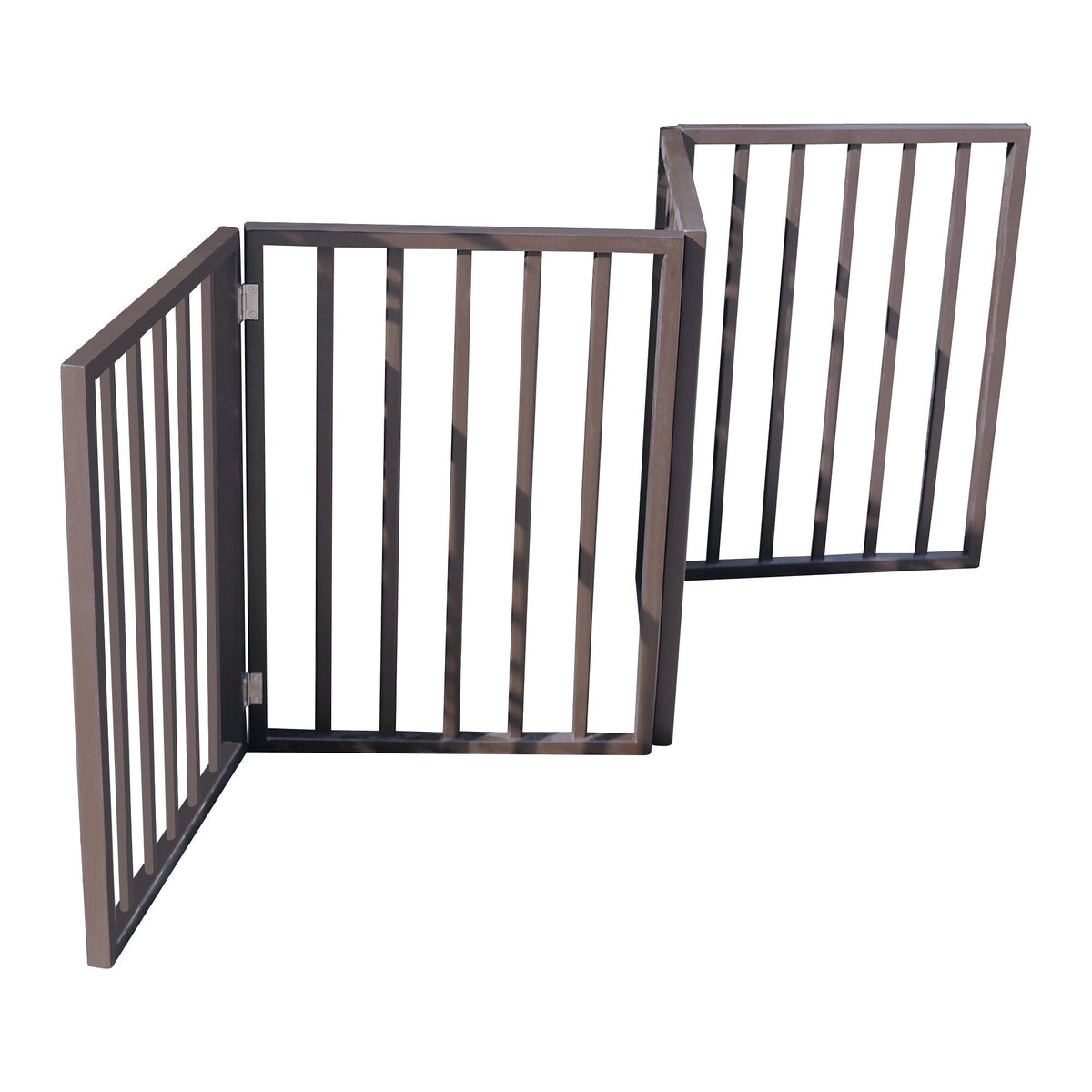 Freestanding folding wooden pet gate, brown, with vertical bars and hinged panel