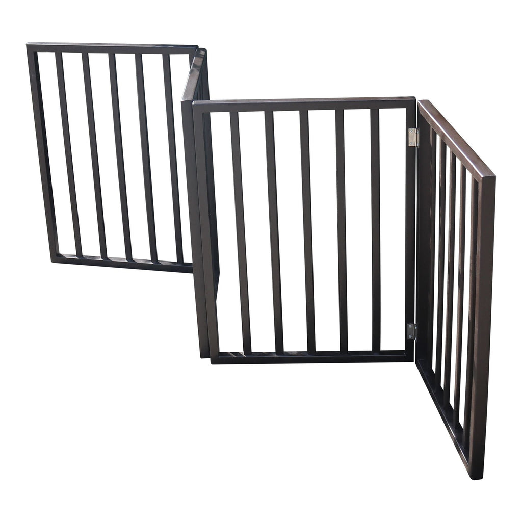 Pet gate corner shape with black frame and vertical bars, folded for storage.