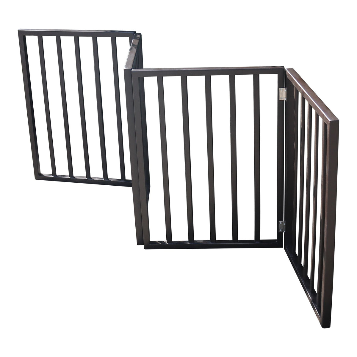 Pet gate corner shape with black frame and vertical bars, folded for storage.