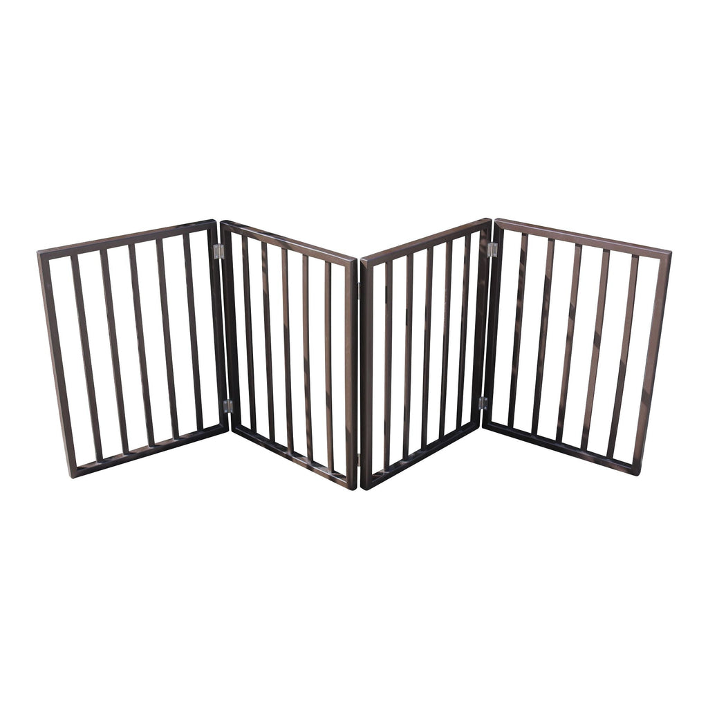 Three-panel folding pet gate with black vertical bars and hinged corner section.