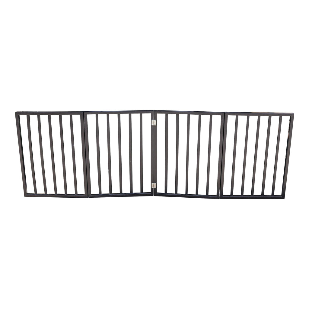 Straight multi-panel pet gate layout with black frames and vertical-bar sections.