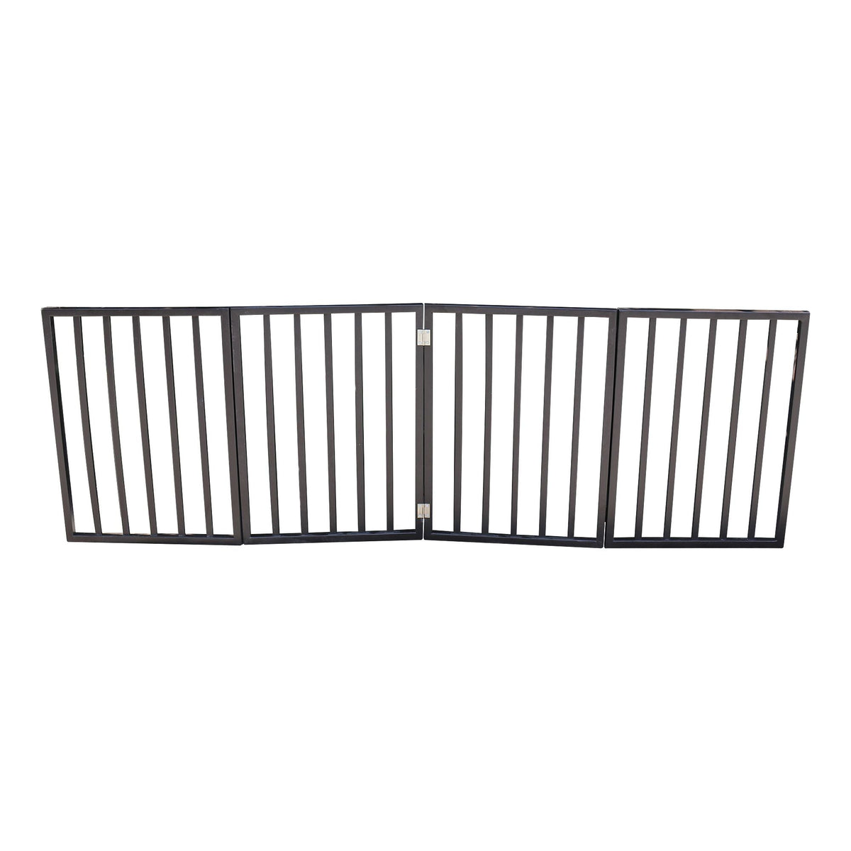 Straight multi-panel pet gate layout with black frames and vertical-bar sections.