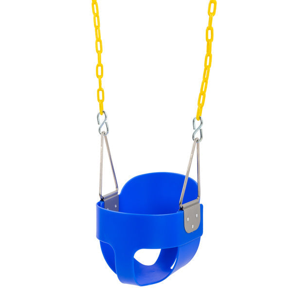 Blue baby swing seat with yellow chains and silver bracket plates