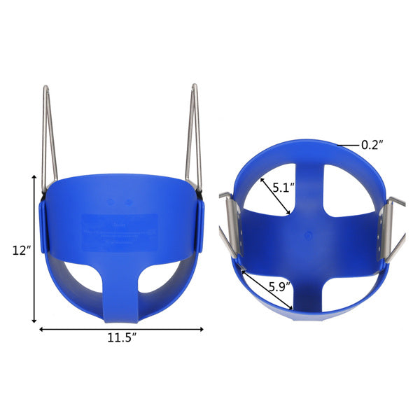 Blue plastic hanging swing seat, front view with side dimension guides