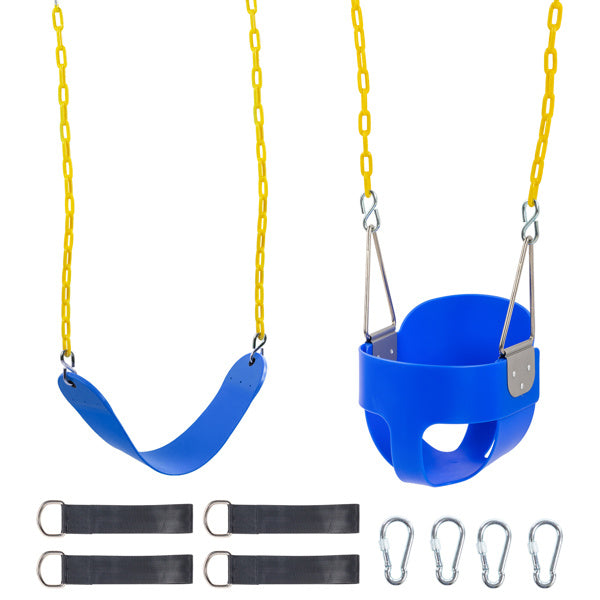 Blue baby swing seat with yellow chain, hanging straps, and metal hardware pieces