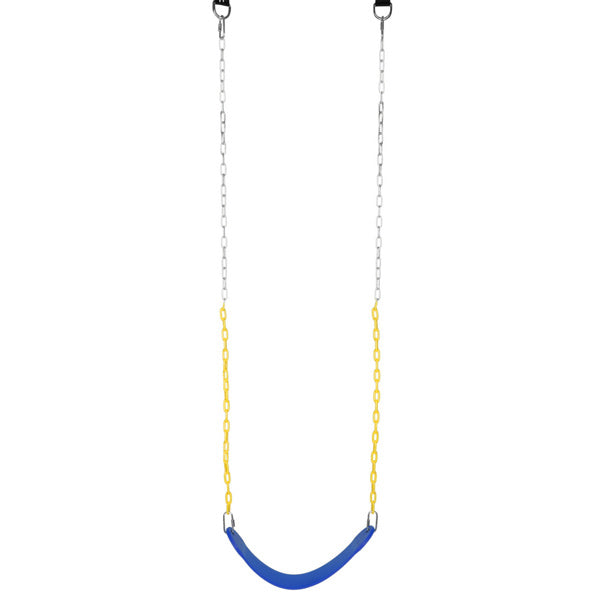 Blue baby swing with hanging chains and curved seat
