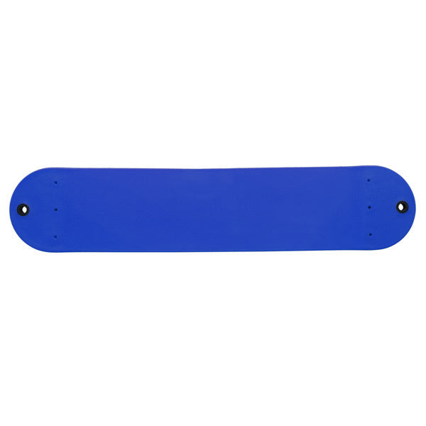 Blue plastic swing bar, flat panel with rounded ends and mounting holes