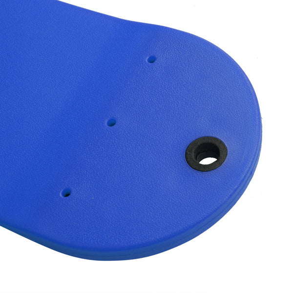Close-up of blue swing seat with drainage holes and rope grommet