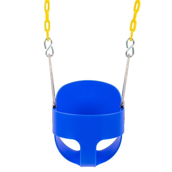 Blue plastic baby swing seat with two yellow chains and silver hooks