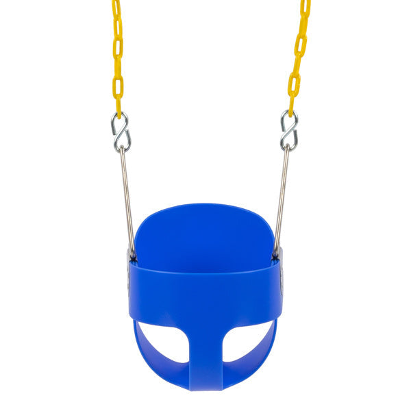 Blue plastic baby swing seat with two yellow chains and silver connectors