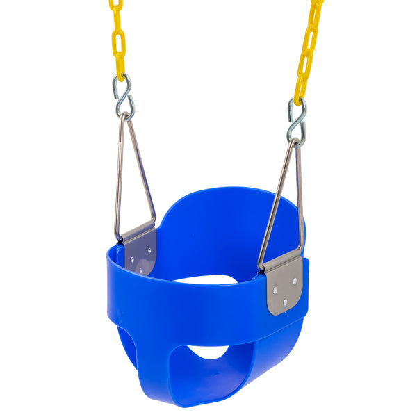 Blue baby swing seat with yellow chains and silver mounting brackets