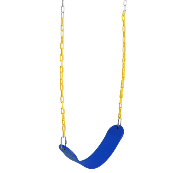 Blue U-shaped baby swing seat with yellow chains and silver links