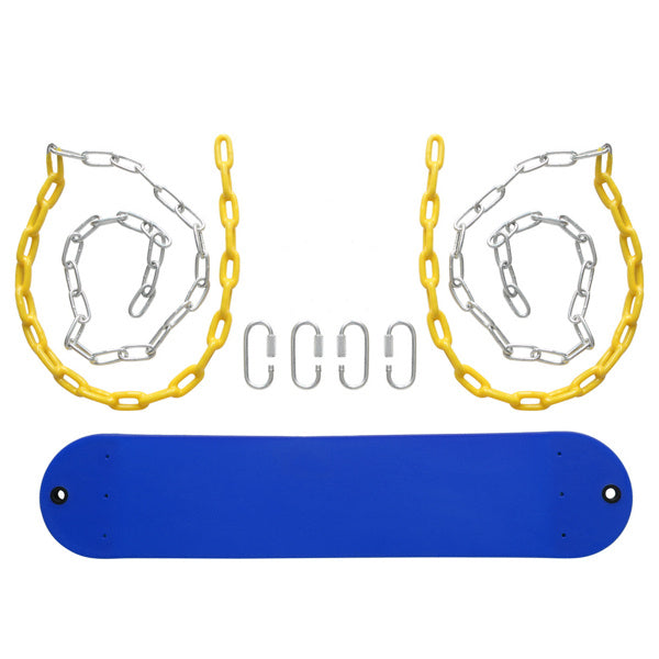 Blue swing bar with yellow and silver chains and four hanging hooks