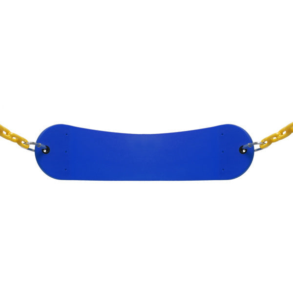 Blue swing seat board with yellow hanging chains and end bolts