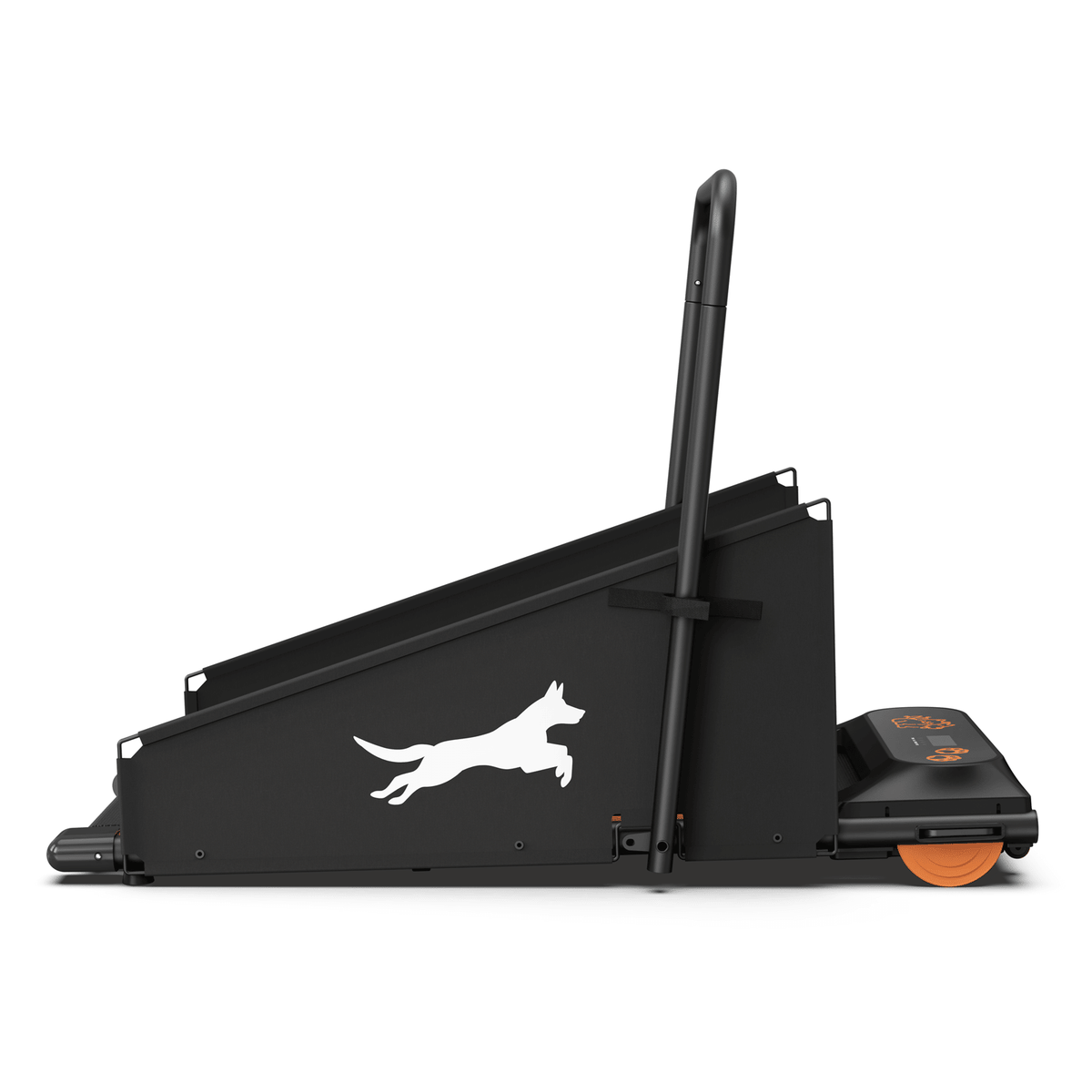Black dog treadmill in profile view with side gate, orange wheels, and control panel