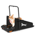 Black dog treadmill with side rails, orange wheels, and a sitting dog on the deck