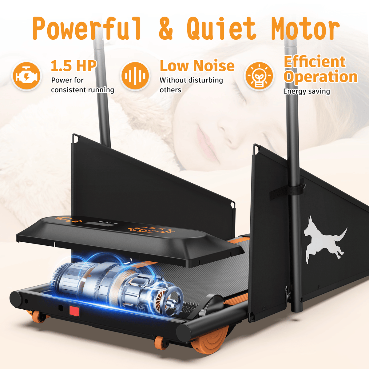 Black dog treadmill with orange wheels, side panel and motor area shown close-up