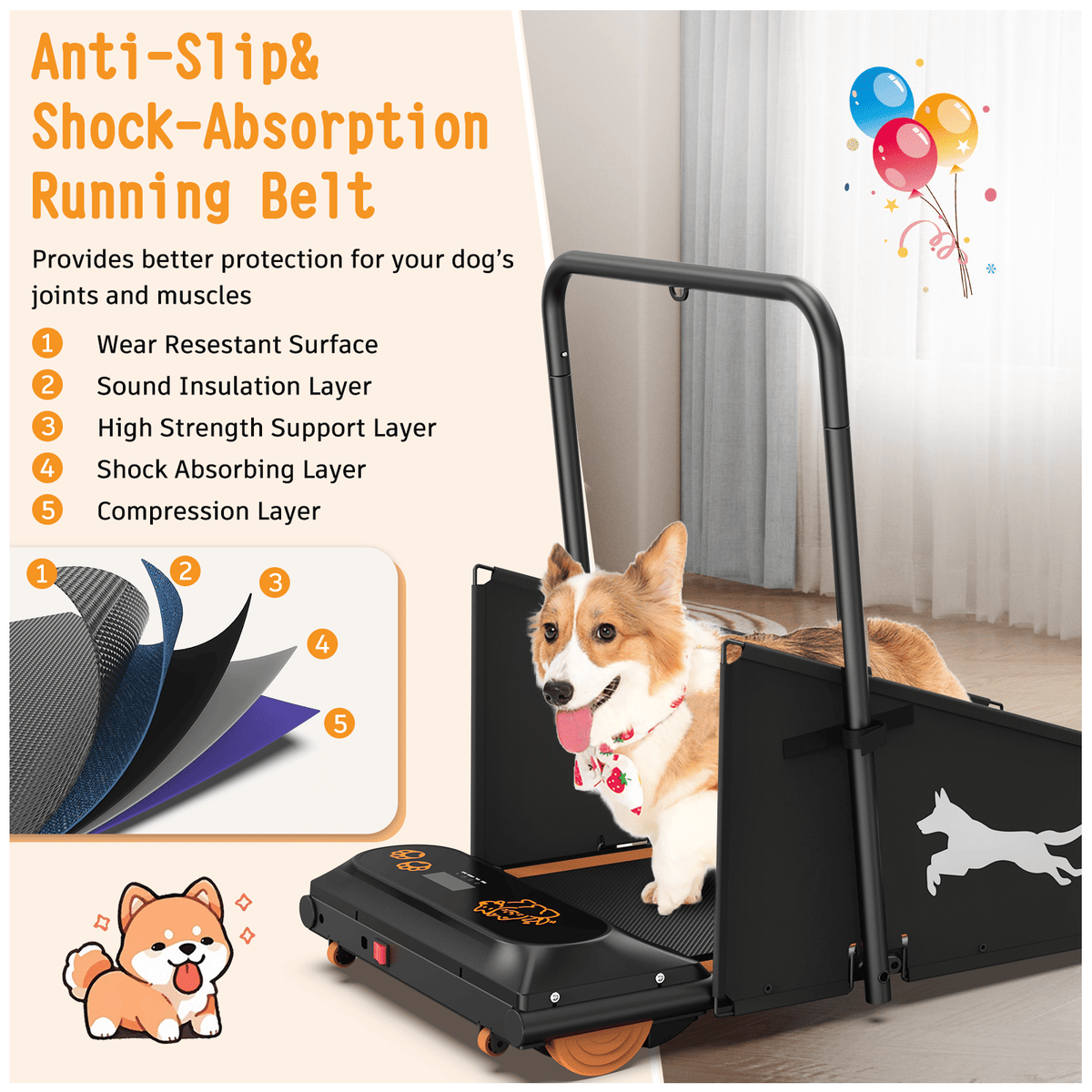 Black dog treadmill with orange wheels and ramp, dog standing on the running belt