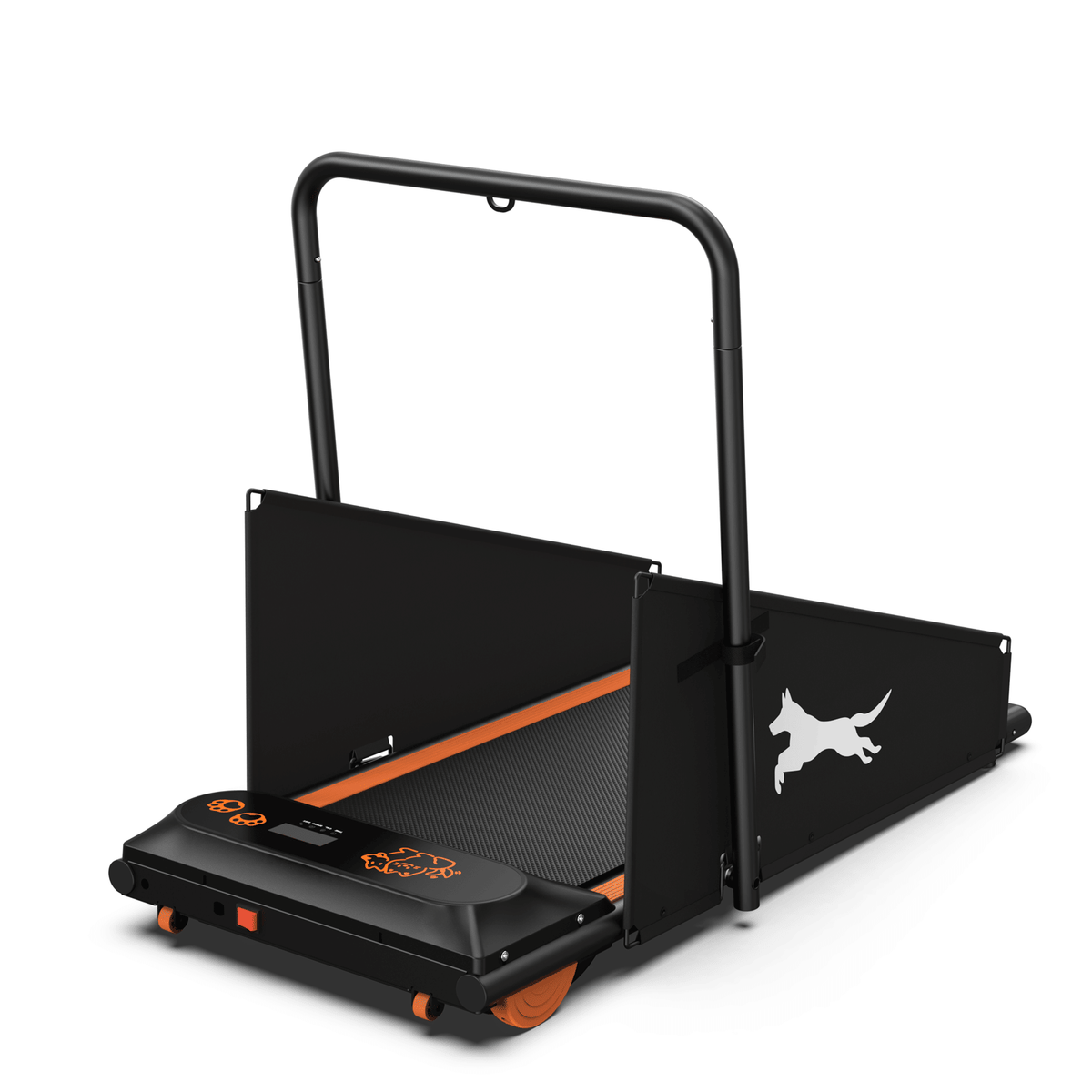 Dog treadmill base with black platform, orange trim, front control panel and safety side gates