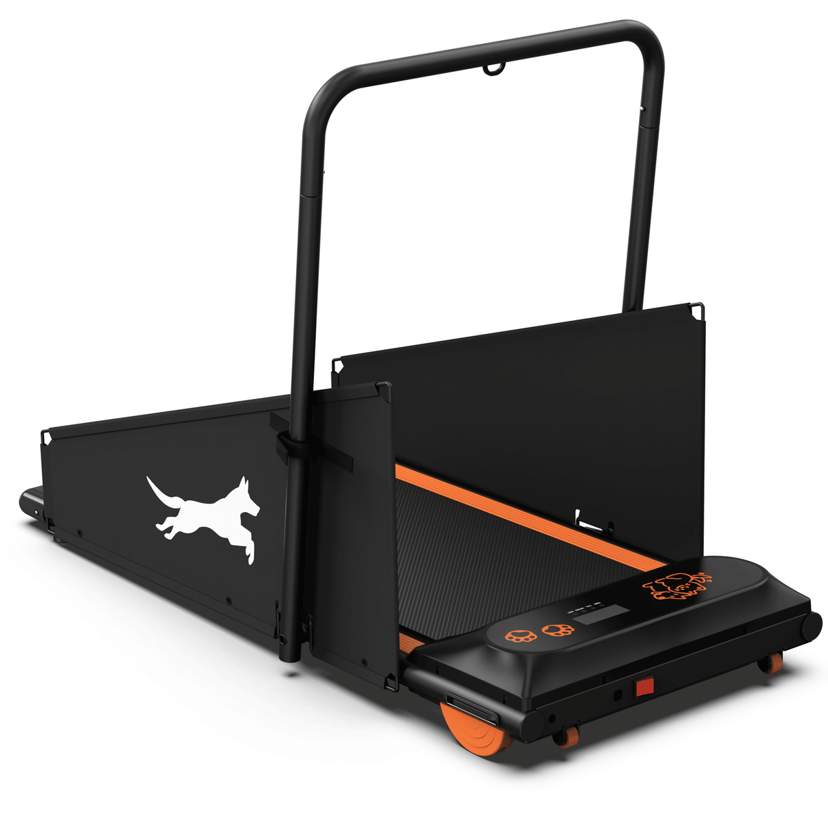 Dog treadmill with black belt deck, orange stripe, raised handle and fold-out side panels
