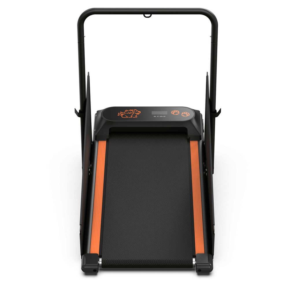 Black dog treadmill front view with orange side rails and textured running deck
